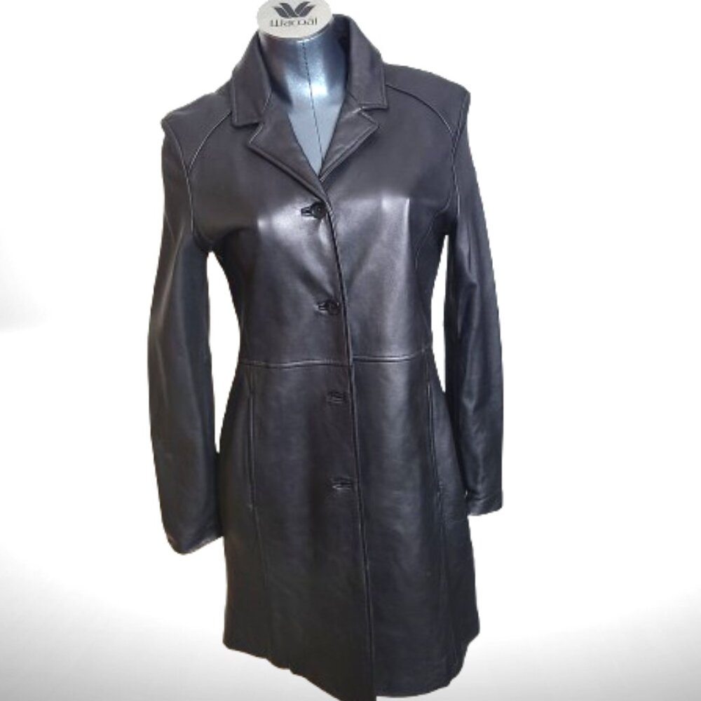 Kenneth Cole Reaction Black 100% Leather Coat – Size M – Tailored Long Jacket - Picture 1 of 11